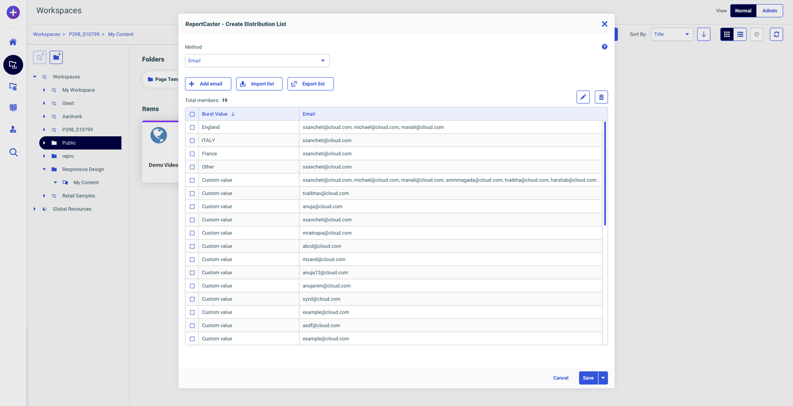 Populated distribution list member table with a burst value beside each email recipient